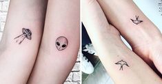 two tattoos on the arms of people with birds flying in the sky and one has a skull