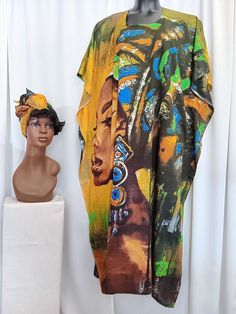 African Women's multicolor Kaftan with headwrap, 100% Polyester, digital print. Beautiful colors, cool and comfortable. Free size (fits most small to size XXL) Vibrant Multicolor Printed Kaftan, Multicolor Vibrant Printed Kaftan, Multicolor V-neck Kaftan With Batik Print, Spring Batik Print Maxi-length Kaftan, V-neck Multicolor Vibrant Print Kaftan, Free Size, African Women, Head Wraps, Dress Clothes For Women