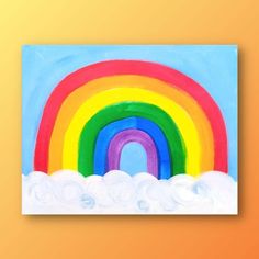 a painting of a rainbow with clouds in the foreground and an orange wall behind it