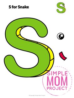 the letter s for snake is shown in green and yellow with an eye on it