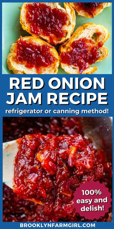 red onion jam recipe with text overlaying the image and below it's caption