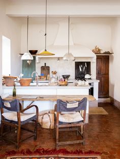 two chairs sitting at a table in a kitchen