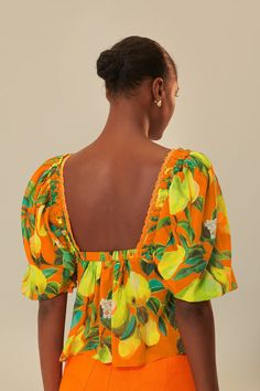 Orange Chic Pears Short Sleeve Blouse – FARM Rio Summer Orange Vibrant Tops, Summer Vacation Blouse With Square Neck, Square Neck Blouse For Summer Vacation, Orange Floral Print Vacation Top, Orange Tropical Tops For Spring, Orange Tropical Print Tops For Summer, Tropical Orange Tops For Spring, Orange Floral Print Tops For Vacation, Spring Tropical Orange Tops