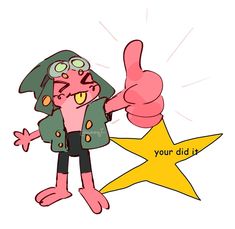 a cartoon character giving the thumbs up next to a star