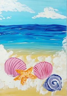 two seashells on the beach with blue sky and ocean in background, acrylic painting