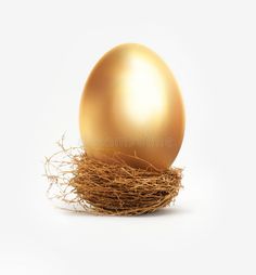 a golden egg sitting on top of a nest filled with hay next to a white background