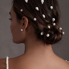 Tuck These Baroque Pearl Pins Into Your Tresses For A Classic Look. Set Of 4 Gold-Plated Brass, Pearls 2.3l Bhldn Accessories, Vintage Bridal Accessories, Fingertip Length Veil, Pearl Pins, Anthropologie Bhldn, Bridesmaid Hair Pieces, Blusher Veil, Pearl Headpiece, Bun Hairstyle