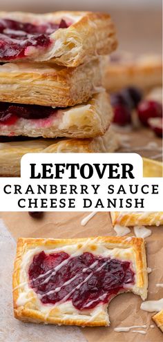 cranberry sauce on puff pastry with text overlay that reads leftover cranberry sauce cheese danish