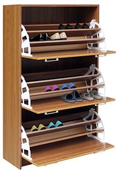 a wooden shoe rack with six pairs of shoes