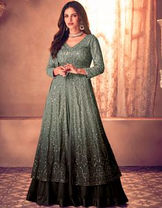 Introducing the Sage Green Palazzo Style Suit - Semi-Stitched Salwar Kameez from Arabic Attire! 💚✨ This graceful ensemble is perfect for adding a touch of sophistication and charm to your wardrobe. #SageGreenPalazzoStyleSuit #SemiStitchedSalwarKameez #ArabicAttire #FashionStatement #SophisticatedLook #IndianFashion Western Lehenga, Kurti Style, Anarkali Lehenga, Georgette Lehenga, Palazzo Style, Lehenga Suit, Green Lehenga, Lehenga Online, Lehenga Style