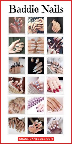 Infographic with pictures of long and short acrylic nails ideas, designs & nail art. Nails aesthetic all colors shapes & sizes and press on nail instructions step by step for a 5 minute full set.