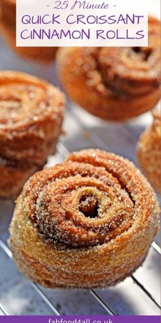 cinnamon rolls on a cooling rack with text overlay