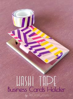 washi tape business cards holder with pink, yellow and purple striped pattern on it