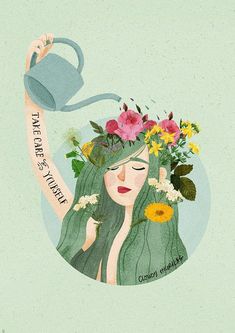 a woman with flowers in her hair holding a watering can over her head and the words,