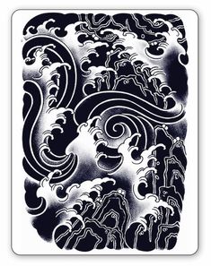 a black and white drawing of waves in the sky with clouds on it's sides