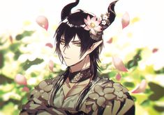 an anime character with horns and flowers in her hair