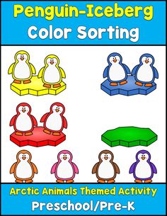 penguin iceberg color sorting activity for kids to practice their colors and matching them with penguins