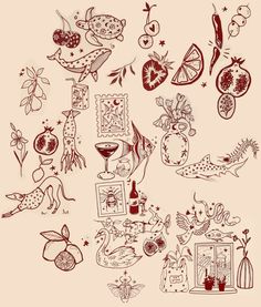 an image of various fruits and vegetables drawn in ink on white paper with red ink