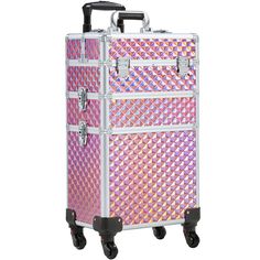 This rolling makeup train case is made of CARB P2-compliant manufactured wood finished with a waterproof plastic surface and a sturdy aluminum alloy frame, this makeup trolley boasts high strength and good durability. The top cosmetic box can be removed at any time for your different travel needs and relieve luggage burden for short trips. For convenient mobility, this rolling makeup train case features an aluminum telescopic pull handle extending up to 38" and four universal wheels. The hologra Makeup Suitcase, Glittery Makeup, Makeup Trolley, Semi Permanent Eyebrows, Diamond Texture, Makeup Train Case, Makeup Training, Makeup Travel Case, Lots Of Makeup