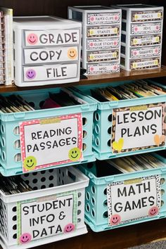 classroom organization bins with reading passage and lesson plans on the bottom, in front of bookshelves