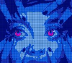 an image of a face made out of legos with red eyes and blue background