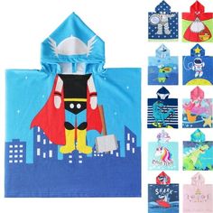 children's hooded towel with cartoon character on the front and various other items around it