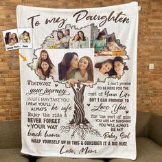 a family tree blanket hanging on a brick wall with pictures of people and their names