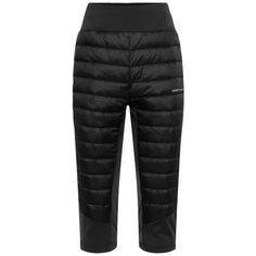 the women's black down pants with pockets and zippers are shown from the side