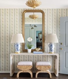 a mirror and two stools in front of a wallpapered room with a gold chandelier