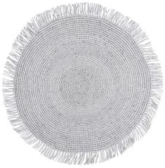 a round rug with fringes on the bottom and one side in grey, against a white background