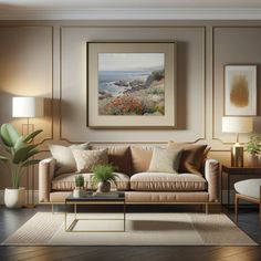 a living room scene with focus on the couch and coffee table in front of the painting