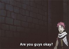 an anime character with pink hair standing in front of a brick wall and text that reads are you guys okay?