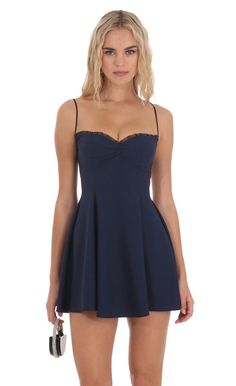 Back Lace A-Line Dress in Navy | LUCY IN THE SKY Blue Hoco Dress, Blue Hoco Dresses, Navy Blue Short Dress, Lace A Line Dress, Cute Homecoming Dresses, Blue Dress Short, Blue Homecoming Dresses, Lucy In The Sky, Casual Day Dresses