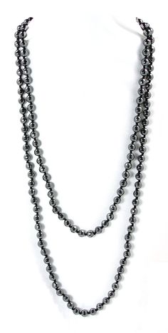 Hematite Facet Cut 8mm stones 56" long knotted in between each stone with black silk thread. You can add on a sterling silver or micro gold plated silver extender to then wear in several different ways. Extender: $30-$50 extra Elegant Long Necklace With 8mm Beads, Elegant Hematite Beaded Necklaces, Silver Hematite Jewelry With 8mm Beads, Elegant Beaded Hematite Necklace, Elegant Hematite Round Bead Necklaces, Elegant Silver Hematite Beaded Necklaces, Elegant Hematite Round Bead Necklace, Elegant Long Necklace With Hand-strung Round Beads, Elegant Hand-strung Round Beads Long Necklace