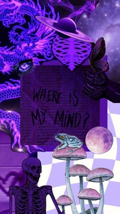 there is a purple and black painting with words on the wall next to some mushrooms