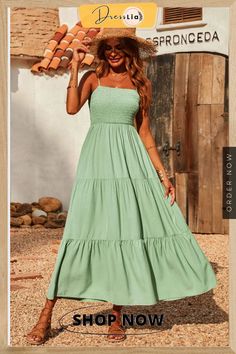 Summer Long Dress Women Sexy Spaghetti Strap Sleeveless Smocked Tiered Beach Maxi Dress Sundresses Vestido Feminino Long Beach Dresses Summer, Beach Midi Smocked Dress With Adjustable Straps, Solid Color Sundress For Beach Vacation, Solid Color Sundress For The Beach, Solid Color Sundress For Beach, Strapless Vacation Dress With Adjustable Straps, Strapless Sundress For Vacation, Strapless Solid Color Dress For Vacation, Summer Strapless Sundress With Ruched Details