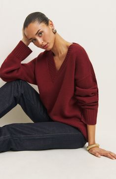 A blend of recycled cashmere and virgin cashmere adds a luxuriously soft feel to this oversized, layerable V-neck sweater trimmed with cozy ribbing. 24 1/2" length V-neck Long sleeves Ribbed cuffs and hem 95% recycled cashmere, 5% cashmere Dry clean Imported Copenhagen Street Style, Work Wear Outfits, Wardrobe Wishlist, Copenhagen Fashion Week, Cashmere Blend Sweater, Street Style Trends, Vintage Inspired Dresses, Fashion People, Fashion Week Street Style