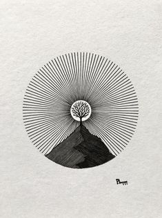 a black and white drawing of a tree on top of a mountain