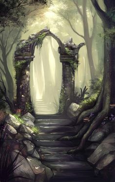 a painting of a forest with stairs leading up to an arch