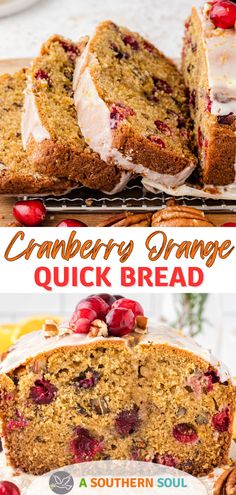 cranberry orange quick bread is cut into slices