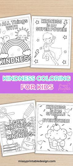 four coloring pages for kids with the words kindness and rainbows on them