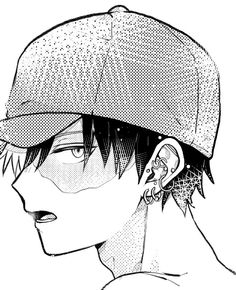 an anime character with ear piercings and a cap on his head, looking to the side