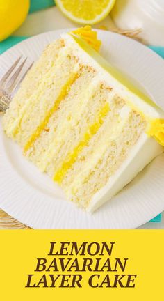 a slice of lemon bavaran layer cake on a plate