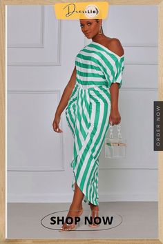 Fashion Striped Short Sleeves Sloped Shoulder Irregular Midi Dress Casual Green Asymmetrical Midi Dress, Green Asymmetrical Midi Dress Casual Style, Green Asymmetrical Midi Dress Casual, Casual Green Asymmetrical Maxi Dress, Casual Green Asymmetrical Dress, Casual Green One-shoulder Midi Dress, Green Midi Dress With Asymmetrical Hem For Vacation, Casual Asymmetrical Neckline Midi Dress For Beach, Casual Green One-shoulder Maxi Dress