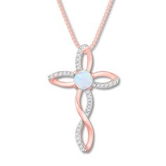 This lovely cross necklace for her features a graceful twist design embellished with round diamonds. A lab-created opal adds iridescent color to complete the look. With a total diamond weight of 1/10 carat, the pendant suspends from an 18-inch box chain that fastens with a spring ring clasp. Necklace With Diamonds, Iridescent Color, Jewelry Advice, Necklace For Her, Kay Jewelers, Cross Jewelry, Accessories Jewelry Necklace, Dream Jewelry, Box Chain