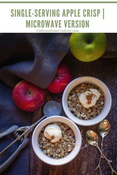 two bowls filled with oatmeal next to an apple