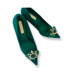 Stunning Green Embellished Bridal Wedding Shoes Soft Velvet Style Finish Very Elegant and Dashing Perfect Wedding Day Shoe Heel Height - 10cm  High for Elegance Perfect for Comfort Sizes: UK 3-8 (EU 36-43) Beautifully Presented with Tissue Wrap Green Shoes Heels, 66th Birthday, Fantasy Shoes, Green Shoe, Bridal Hair Pins Pearl, Silver Wedding Shoes, Velvet Style, Bridal Wedding Shoes, Chunky Heel Pumps