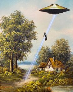 a painting of a man flying through the air with an alien hovering over his head