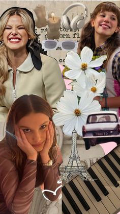 a collage of people with flowers and a car in front of the eiffel tower