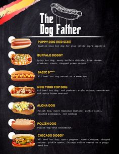 a menu with different types of hot dogs on it